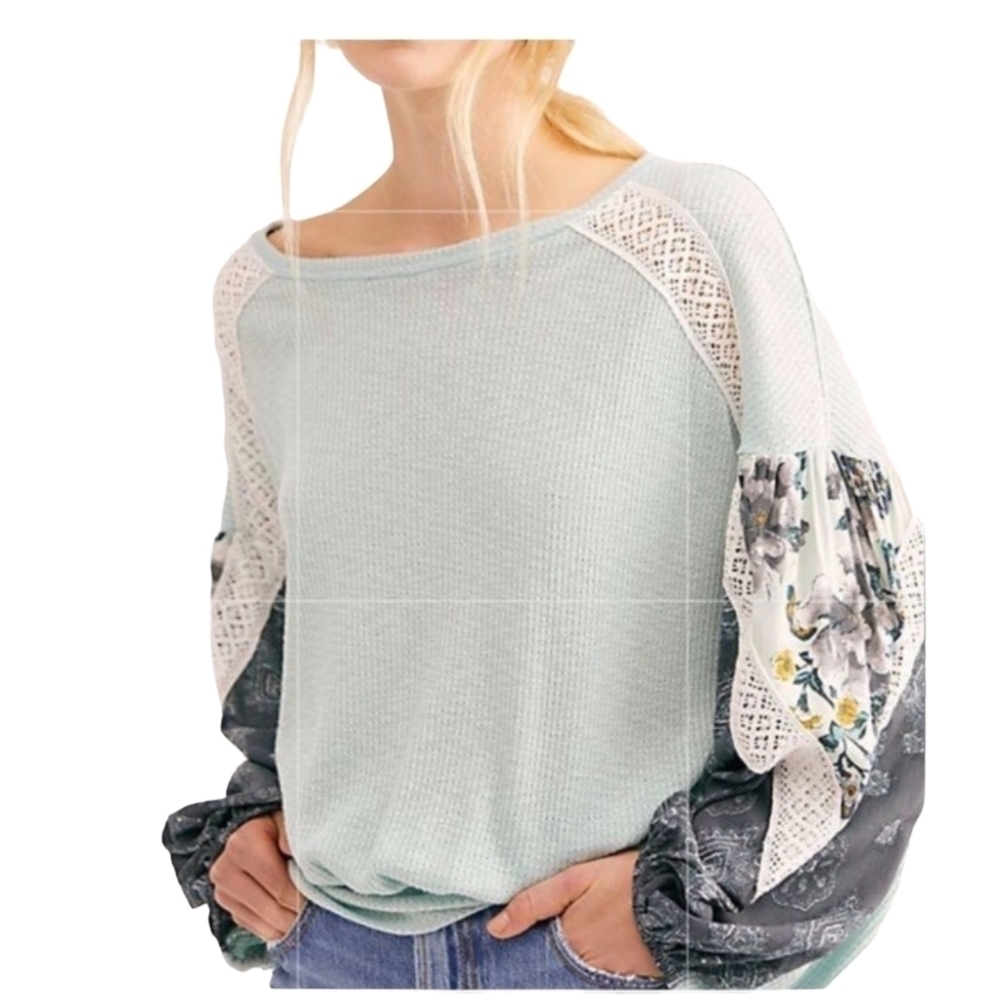Free‎ People Top Small Mint Blouse Clash Thermal Floral Patchwork Croche Boho